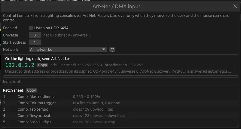 Art-Net / DMX input window showing the network address to send to and the patch sheet