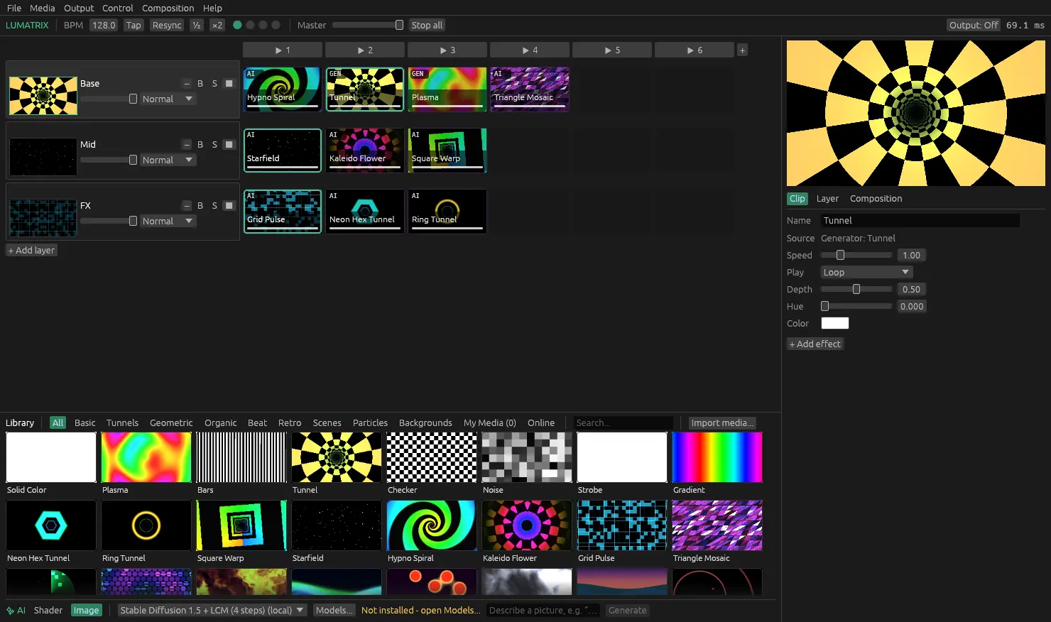 Lumatrix: three layers playing in the clip grid, live layer previews, the clip inspector and the built-in library